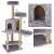 Springos multi-level cat scratching post with a house, platforms, and hanging toys, grey color, collage of images