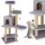Springos multi-level cat scratching post with a house, platforms, and hanging toys, grey color, cat playing on it