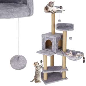 Springos multi-level cat scratching post with a house, platforms, and hanging toys, grey color, cats playing on it - Springos