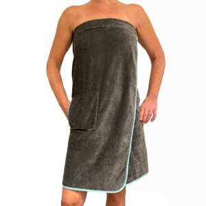Gray Homelevel women's sauna robe with blue trim, wrap style, with pocket - Homelevel