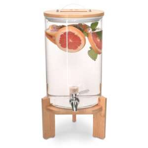 Navaris 7L glass drink dispenser with bamboo lid and stand, filled with water and grapefruit slices - Bar tool
