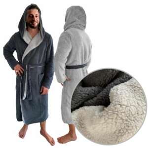 Jemidi reversible bathrobe for men, grey/blue, size L, polyester, showing both sides and texture - Jemidi