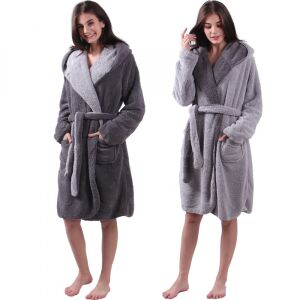Jemidi Sherpa reversible hooded bathrobe for women, grey, size M, front view - Jemidi