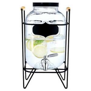 Navaris 5L glass beverage dispenser with black metal stand and wooden handles - Bar tool