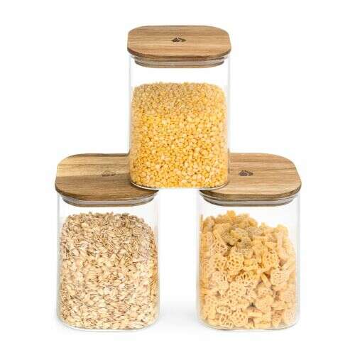 Set of 3 Navaris glass storage jars with acacia wood lids, 1 liter capacity each