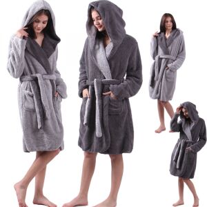Jemidi reversible sherpa bathrobe for women, gray, front view collage - Jemidi