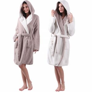 Jemidi Sherpa reversible bathrobe for women, beige and white - Jemidi