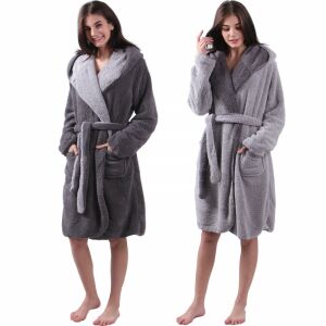 Jemidi reversible Sherpa bathrobe for women, grey, size L, front view - Jemidi