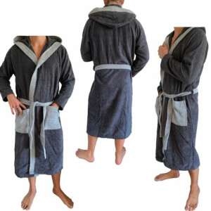Homelevel gray hooded bathrobe with pockets, unisex, front and back view - Homelevel