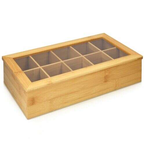 Navaris bamboo tea box with 10 compartments and glass lid