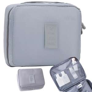 Grey travel cosmetic bag with multiple compartments and zipper closure - Cosmetic bag