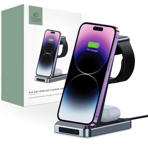 Tech-Protect A26 3-in-1 wireless charger for phone, watch and earbuds, black