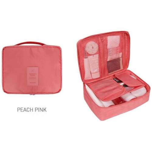 Rózsaszín utazási kozmetikai táska cipzárral, fogantyúval és több rekesz