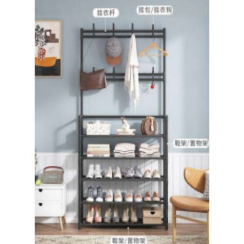 Schwarzer Metall-Kleiderständer mit Regalen für Schuhe und Kleidung, LRA-02