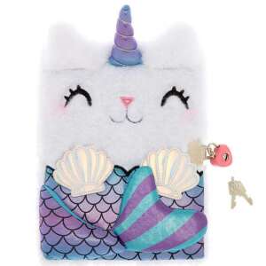 Jurnal alb pufos cu pisică unicorn cu coadă de sirenă, lacăt și cheie, jurnal secret pentru fete - Jurnale