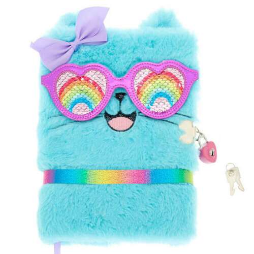 Blue plush cat diary with rainbow glasses, lock and key, secret diary for girls