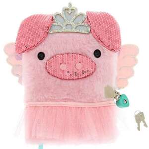 Pink plush diary with a pig face, crown, wings, and a tutu, with a lock and key - Journal