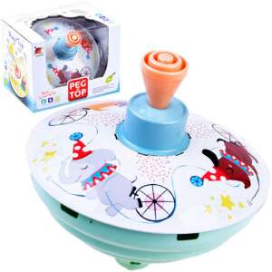 Peg Top metal spinning top with circus animals design, blue and white, for kids - Developmental Toy for Toddler