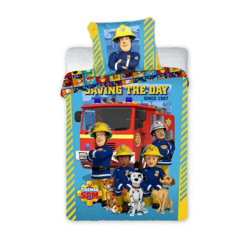 Fireman Sam bedding set for kids, 100x135 cm duvet cover and 40x60 cm pillowcase, 100% cotton, blue and yellow, with Fireman Sam and his team