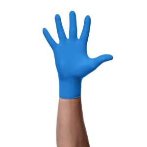 MERCATOR gogrip blue nitrile gloves with diamond texture for extra grip, worn on a hand - Household Supply