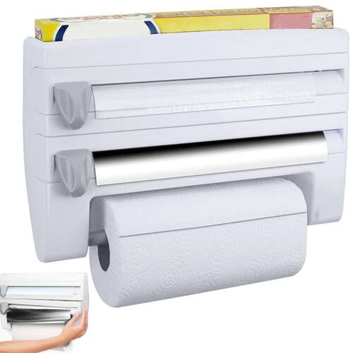 Organizator de bucătărie 4 în 1 alb pentru folie alimentară, folie de aluminiu și prosoape de hârtie