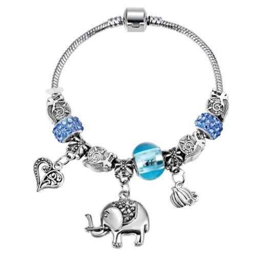 Pandora stílusú nemesacél charm karkötő elefántos és szív motívumokkal, 18 cm
