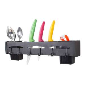 Schwarzer Wand-Küchenorganizer mit Haken, Utensilienhaltern und Messerschlitzen - Lagerung & Organisation