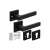 Matt black door handle set with square rosette and mounting hardware
