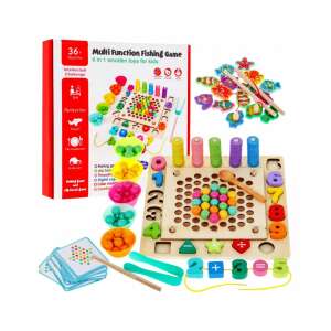 6 in 1 Multifunktions Angelspiel Holz Lernspielzeug für Kinder, beinhaltet Angeln, Perlenfädeln, Formsortieren, Farbzuordnen, Zahlen erkennen und Perlen zählen - Babywalker, Lauflernhilfen und Entwicklungsspiele für Kleinkinder
