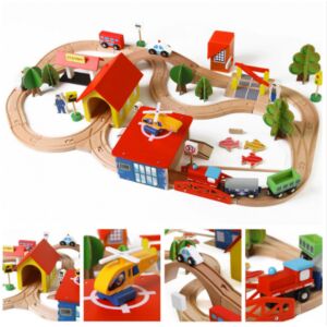 Kids Fun Railway 69-elementowy drewniany zestaw kolejowy z torem, stacją i pojazdami - Pociąg, element kolejowy, autostrada