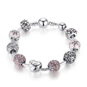 BAMOER Pandora stílusú ezüstözött Charm karkötő, szív és virág, pink, 18 cm 68218387 Nőknek