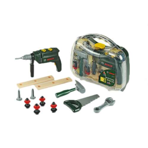 Bosch Big Work-Case 3 piece toy tool set with drill, hammer, saw, wrench, screws, and wood pieces