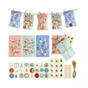 Karácsonyi Adventi Naptár Készlet with 24 colorful bags, Christmas stickers, wooden clips, and hemp rope for DIY advent calendar - Advent Calendar