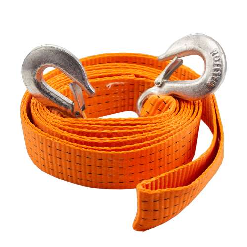 Orange 4 meter tow strap with metal hooks, 6500 kg breaking strength