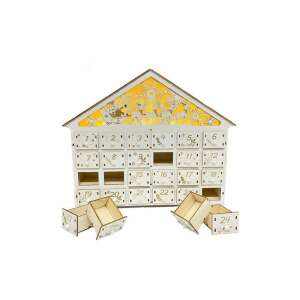 White wooden Christmas advent calendar with LED lights, 24 drawers, house shaped, with reindeer and snowflakes design - Advent Calendar