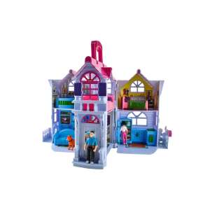 Sku0142adany domek dla lalek z figurkami, widok otwarty, pokazuju0105cy szczegu00f3u0142y wnu0119trza oraz dou0142u0105czone figurki rodziny i zwierzu0119. - Domek dla lalek