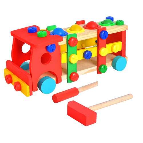 Wooden toy truck with hammer, screwdriver, and colorful screws for kids to play with