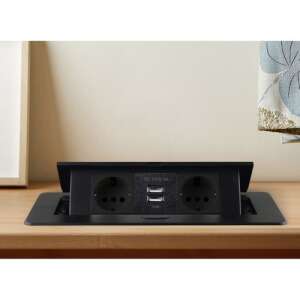 Izoxis 21446 gniazdo chowane z 2 gniazdami elektrycznymi i 2 portami USB, zainstalowane na drewnianym blacie stołu - Dystrybutor