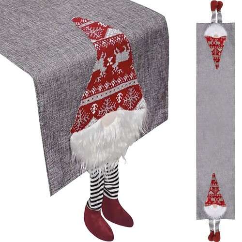 Christmas table runner with gnome design, gray with red and white accents, 180 x 33 cm