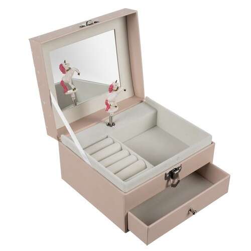Pink unicorn music box jewelry box with mirror, 15 x 9 x 13 cm