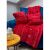 Ruhhy red blanket and pillowcase set with winter motifs on a blue sofa