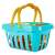 Blue plastic shopping basket with orange handles, filled with toy fruits and vegetables