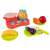 Play kitchen set with a red stove, a yellow teapot, a pink pot, a knife, a cutting board, and toy fruits and vegetables