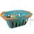 Blue plastic shopping basket with orange handles, containing toy fruits and vegetables, with dimensions 14cm x 19cm x 29cm