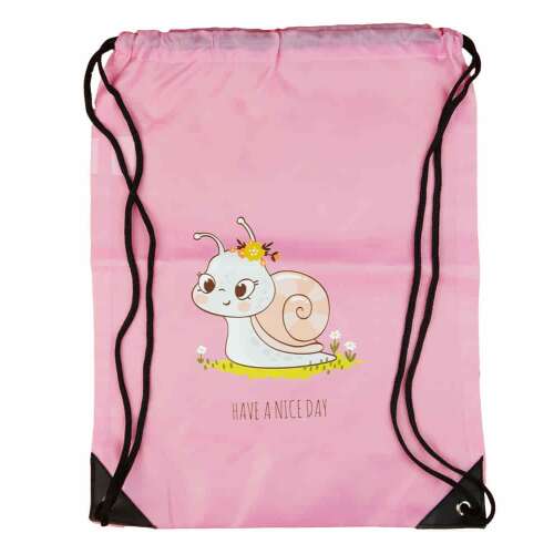 Rózsaszín húzózsinóros tornazsák cuki csiga mintával, tökéletes gyerekeknek. 'Have a nice day' felirattal az alján.