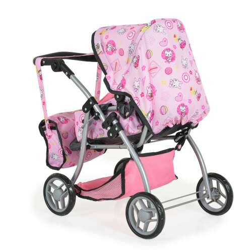 Moni Játék babakocsi- Cicás, rózsaszín babakocsi macska mintával, állítható háttámla és lábtartó, összecsukható, tartalmaz hordozótáskát és pelenkázótáskát