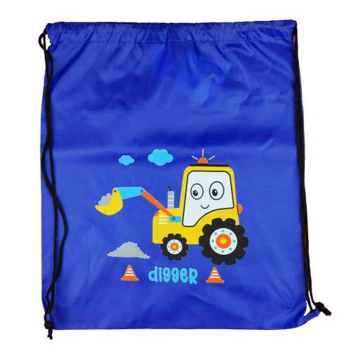 Kék húzózsinóros tornazsák sárga munkagép mintával, ideális gyerekeknek tornához vagy sportra