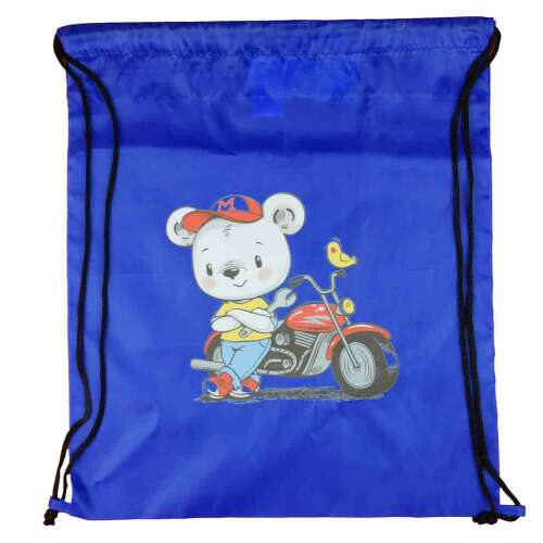 Kék húzózsinóros tornazsák motoros maci mintával