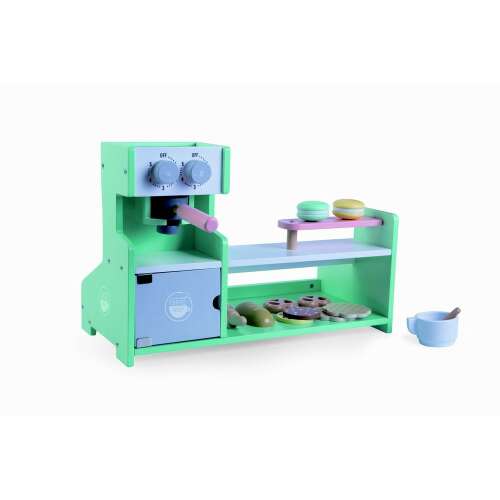 Moni Fa Kávézó Játékkészlet, fa játék kávézó espresso géppel, csészékkel, süteményekkel és kiegészítőkkel
