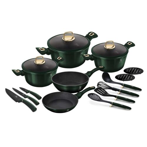 Berlinger Haus Emerald Collection 17-Piece Cookware Set with Lids, Marble Coating, Pots, Pans, Utensils, and Knives